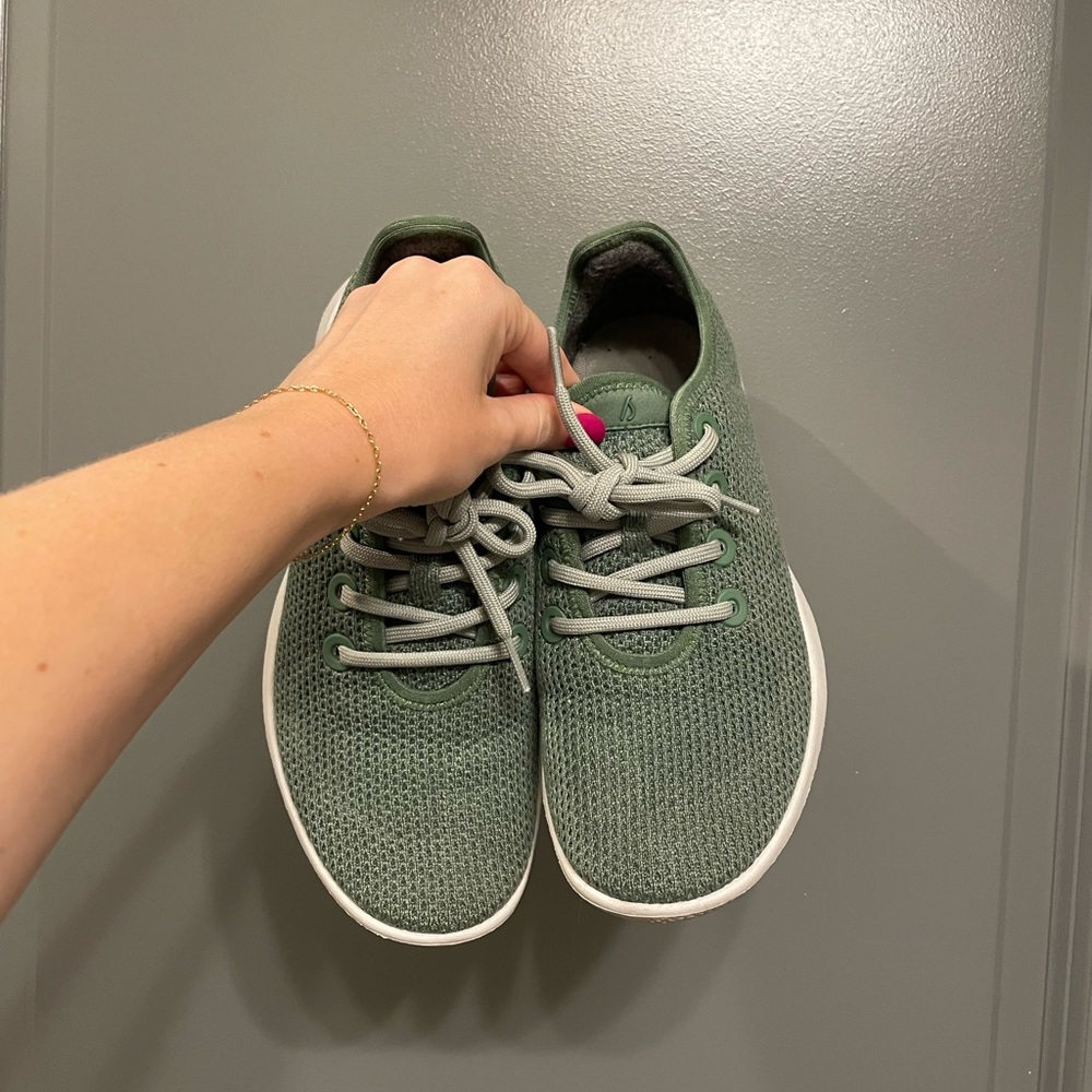 Olive green Allbirds tree runners